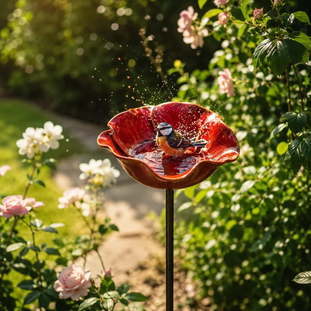 Metal Flower Bird Bath Garden Stake