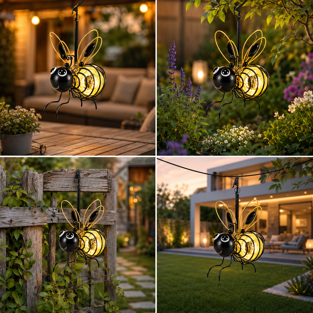 Decorative bee solar lights displayed in an outdoor garden