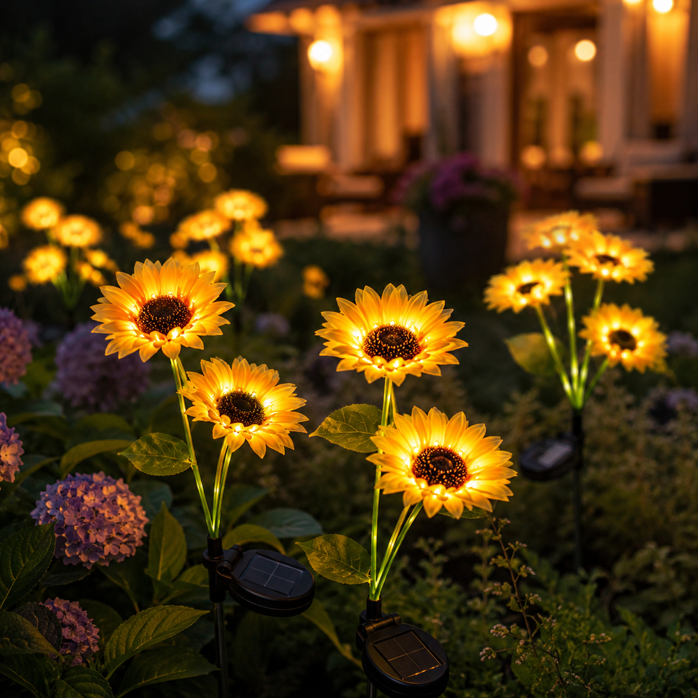 Glowing sunflower solar lights in a twilight garden