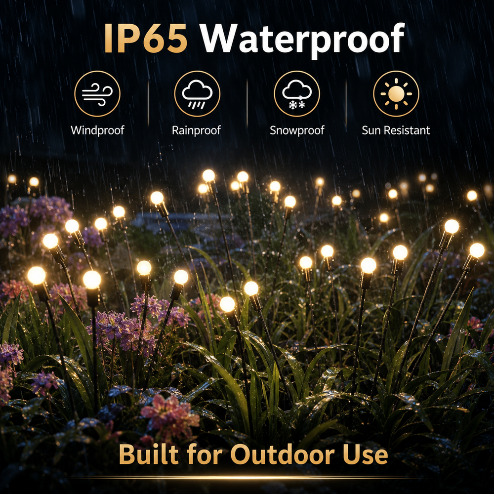 Solar firefly garden lights in rainy outdoor conditions