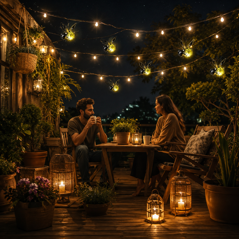 Solar bee garden light creating a warm patio glow