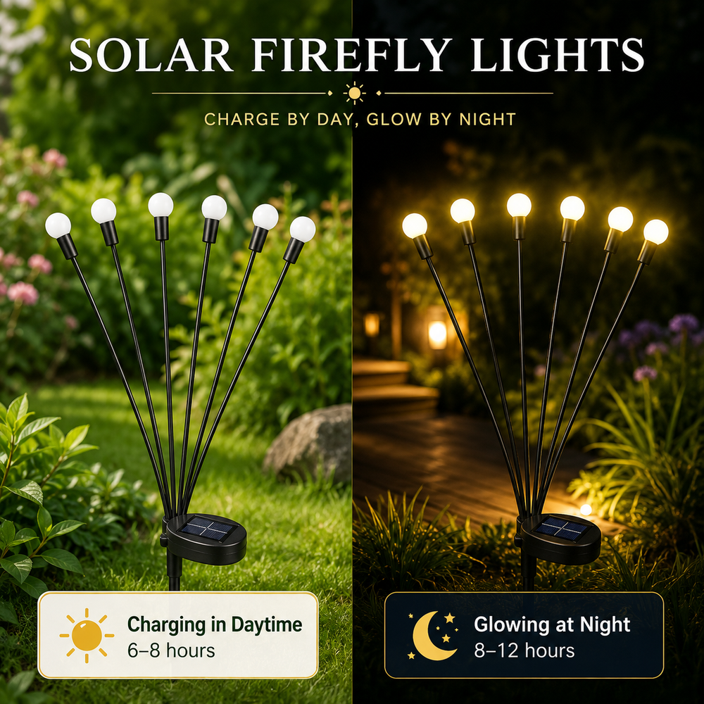 Solar firefly garden lights shown during day and night