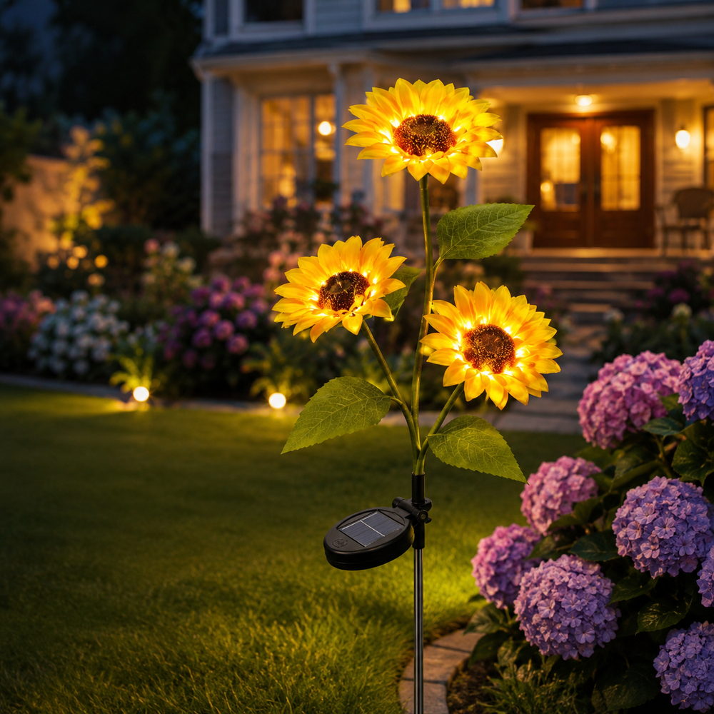 Solar sunflower garden stake displayed at dusk
