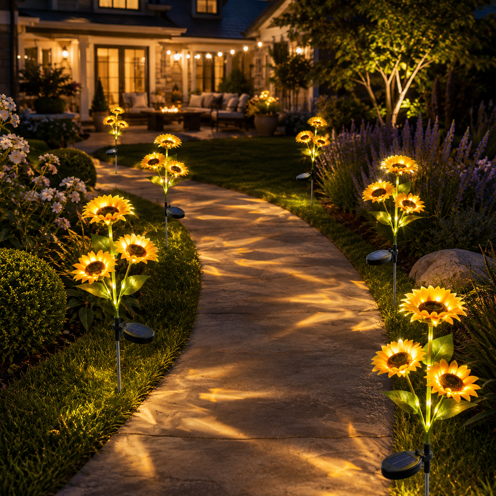 Sunflower garden stake lights illuminating an outdoor pathway