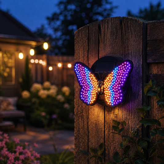 Solar Butterfly Garden Light glowing in an outdoor garden