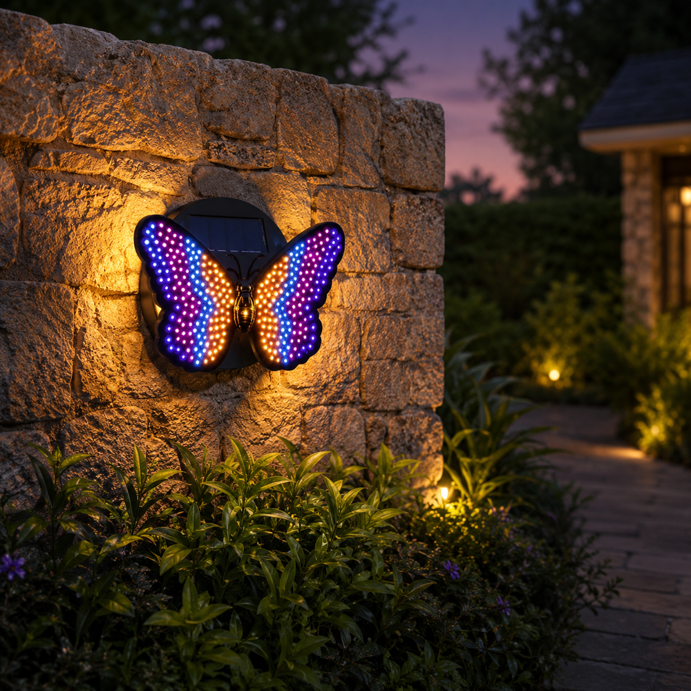 Solar-powered butterfly garden light with a warm evening glow