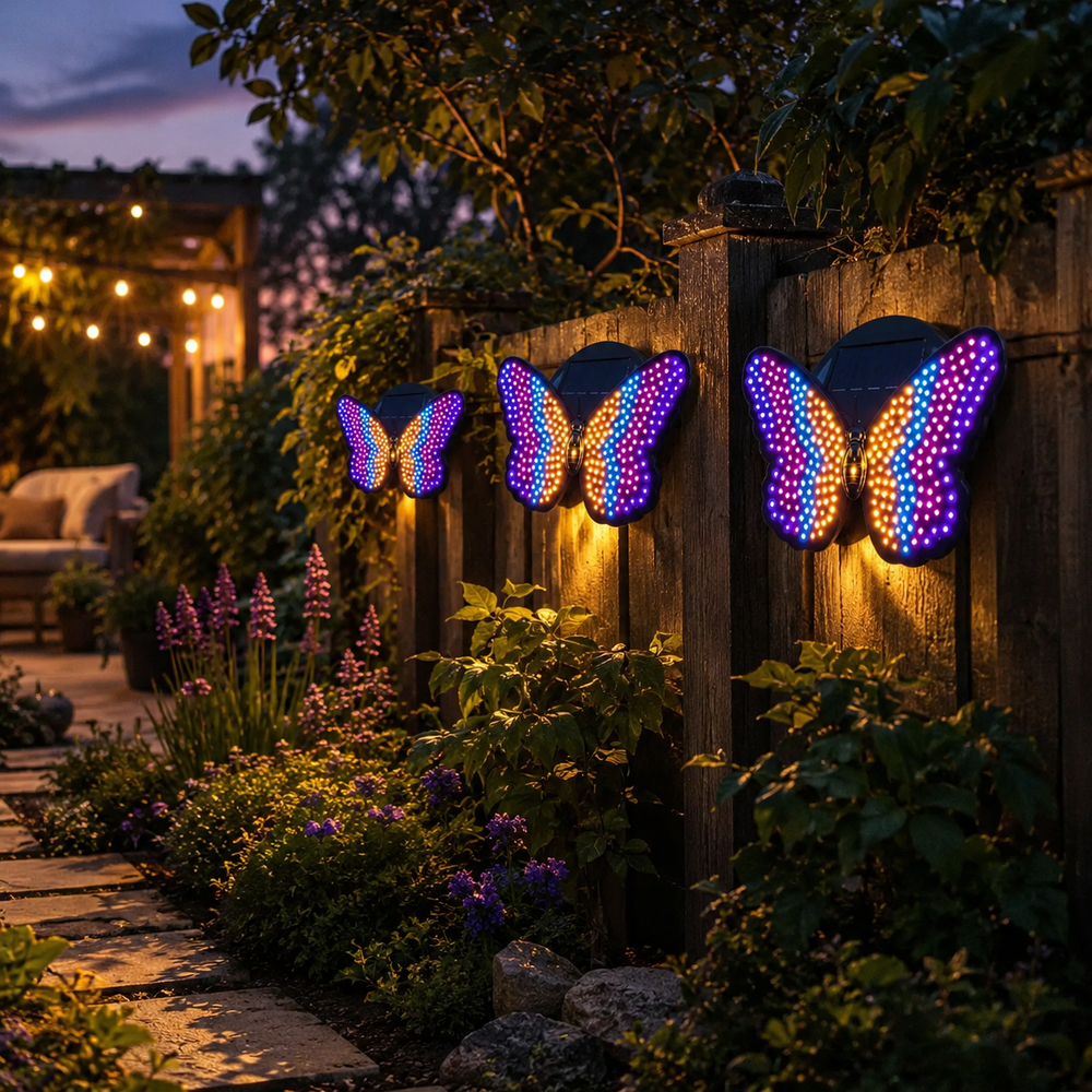 Butterfly outdoor garden light displayed among flowers