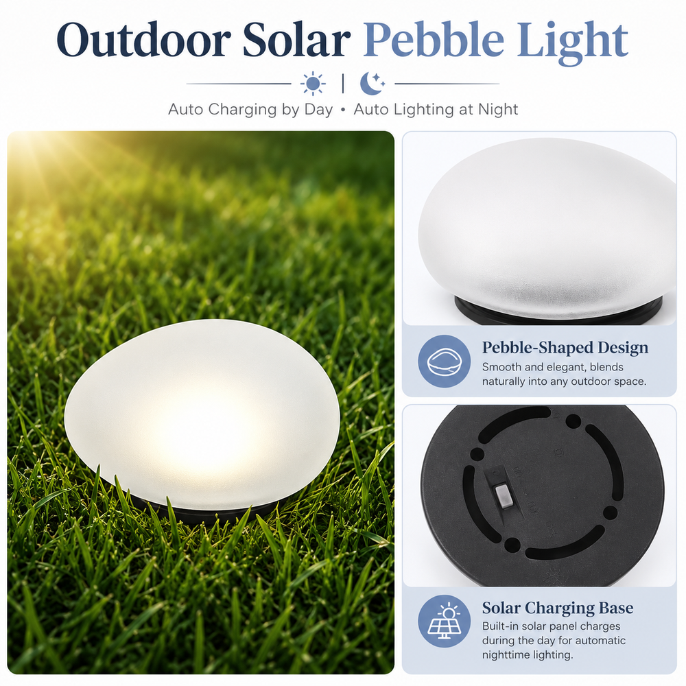 Solar landscape stone light glowing along a garden path
