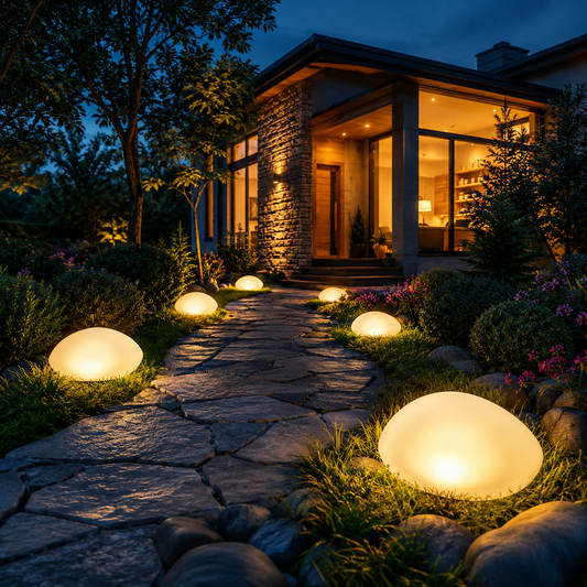 Solar powered stone landscape light illuminating a garden pathway